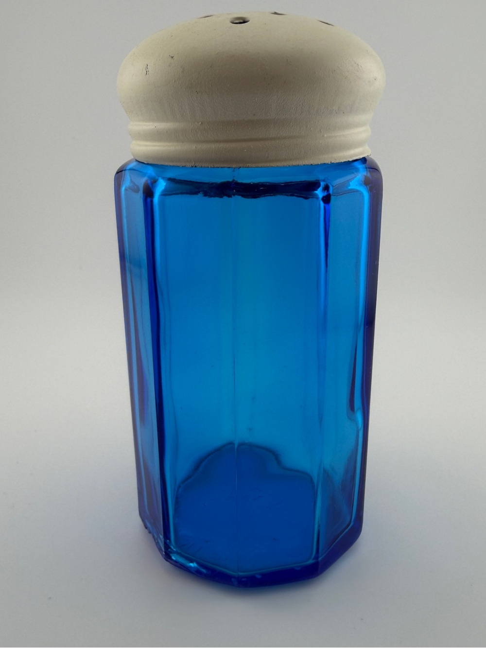 Vintage Cobalt Blue Glass Spice Shaker Hexagonal Design 10 Panel Japan 5” Tall